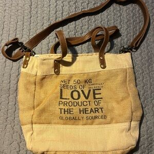 Myra Bag Beige Canvas Tote with Brown Leather Straps and Love Print